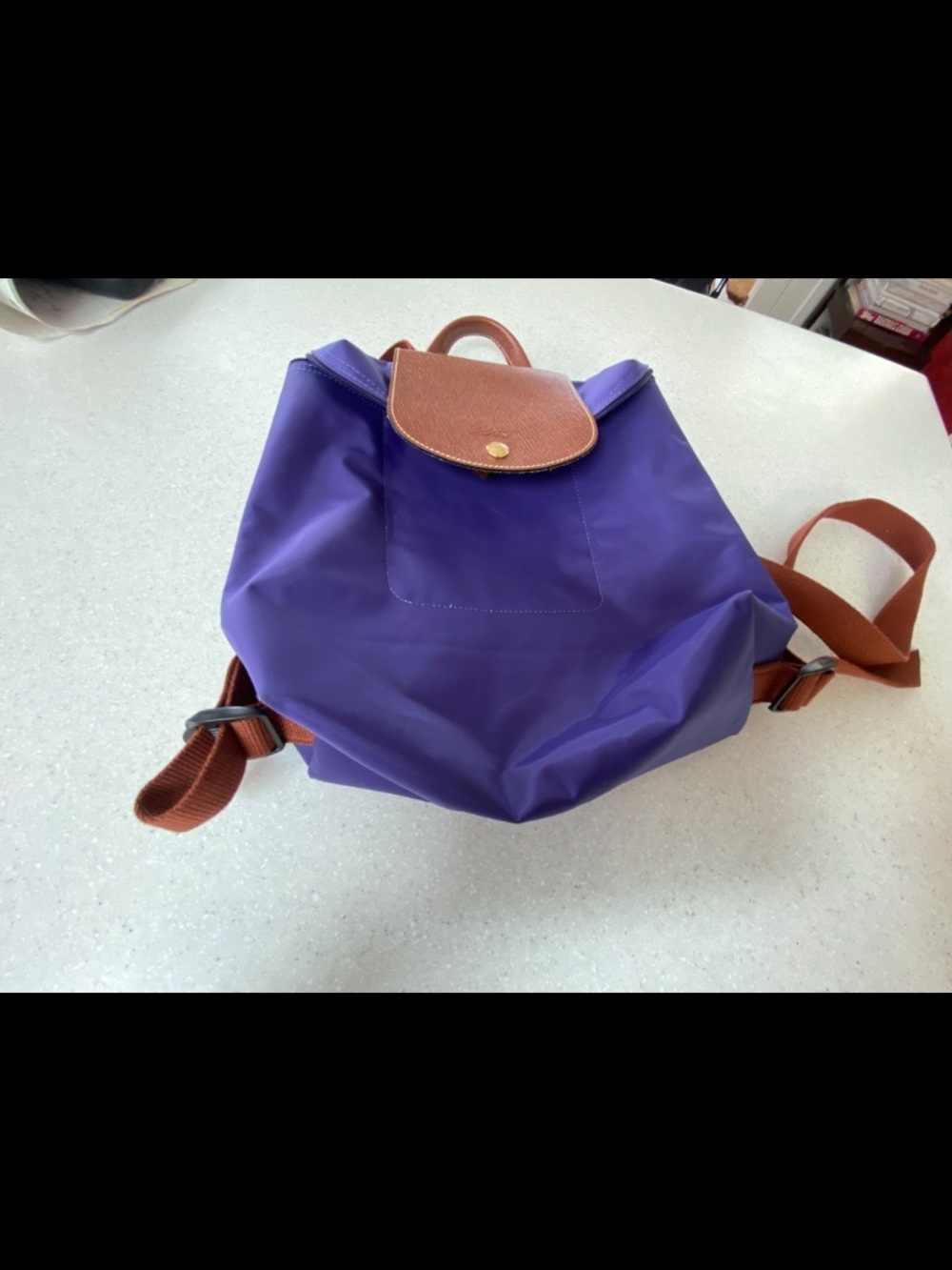 Purple Longchamp Le Pliage Lined Nylon Mini Backpack with Cognac Trim